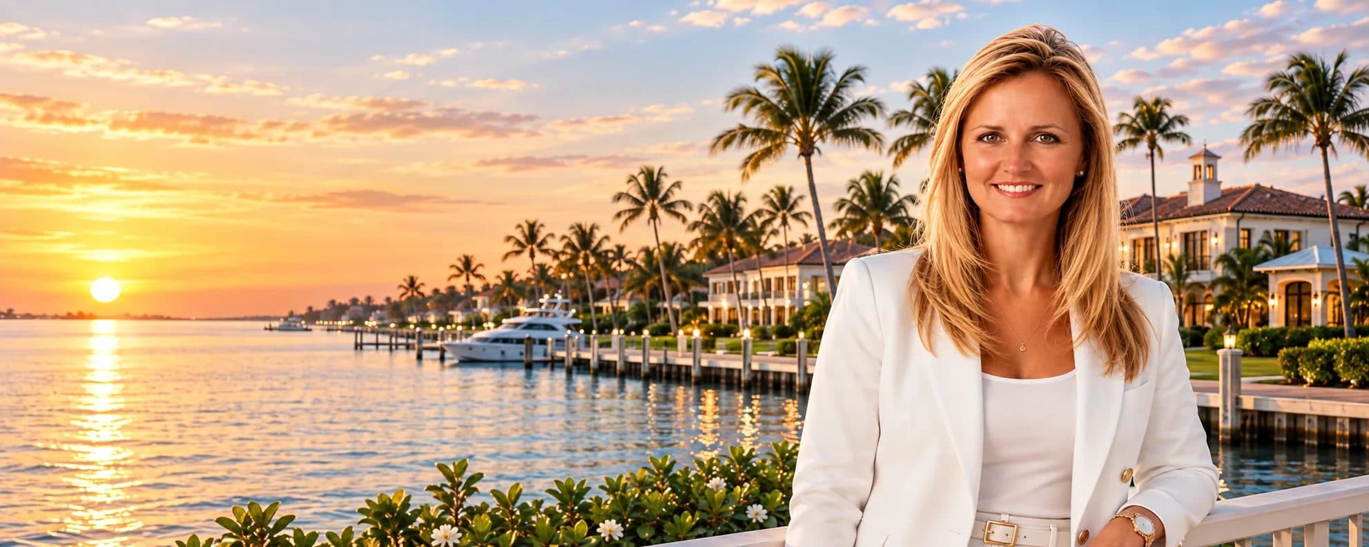 Tracey Joiner, REALTOR®, on the Palm Beach waterfront at sunset